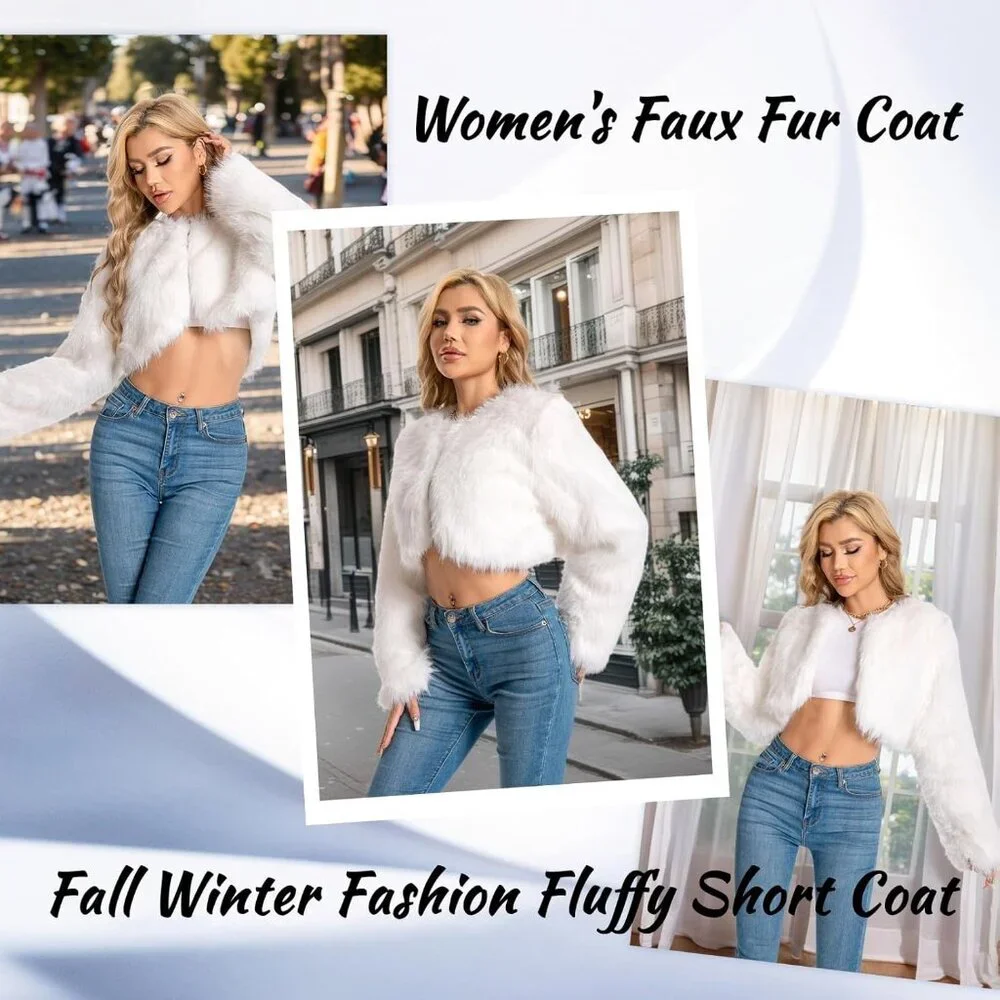 〽️Women's White WELLATENT Plus Cropped Faux Fur Fluffy Fuzzy Fall Jacket - Picture 4 of 6
